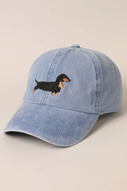 Dachshund Embroidered Cap: WASHED DENIM-Hats-Southern Jewewellery Co.-Southern Goods Co.