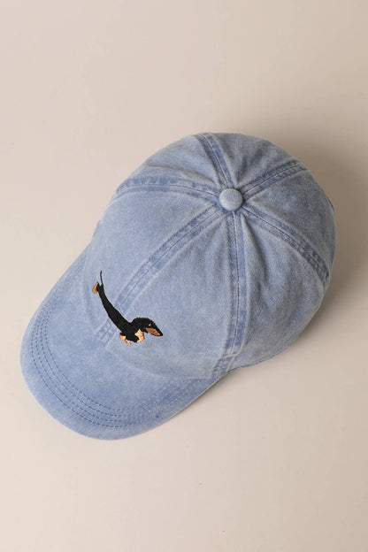 Dachshund Embroidered Cap: WASHED DENIM-Hats-Southern Jewewellery Co.-Southern Goods Co.